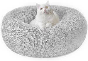 Calming Dog Cat Donut Bed - 19.7in Fluffy Plush Puppy Kitten Cuddler Round Bed, Warm and Soft Pet.