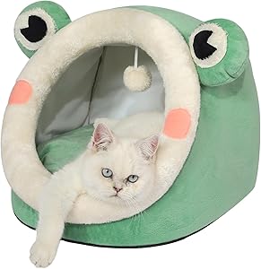 Lovely Velvet Igloo for Cat and Small Dog, Warm Cave Sleeping Nest Bed for Puppy and Kitten, Green Frog