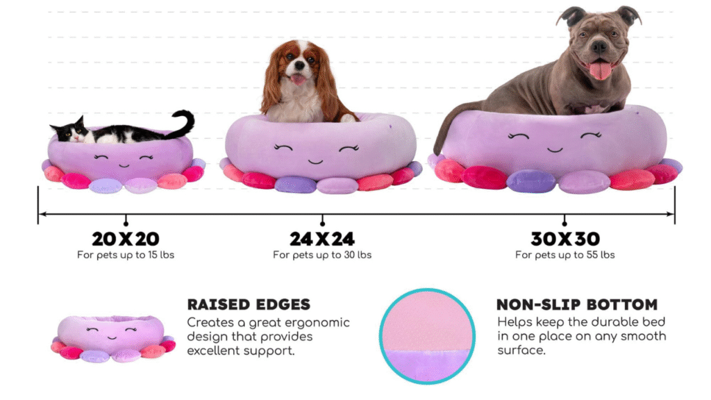 Large dog lounging comfortably in a Squishmallow dog bed