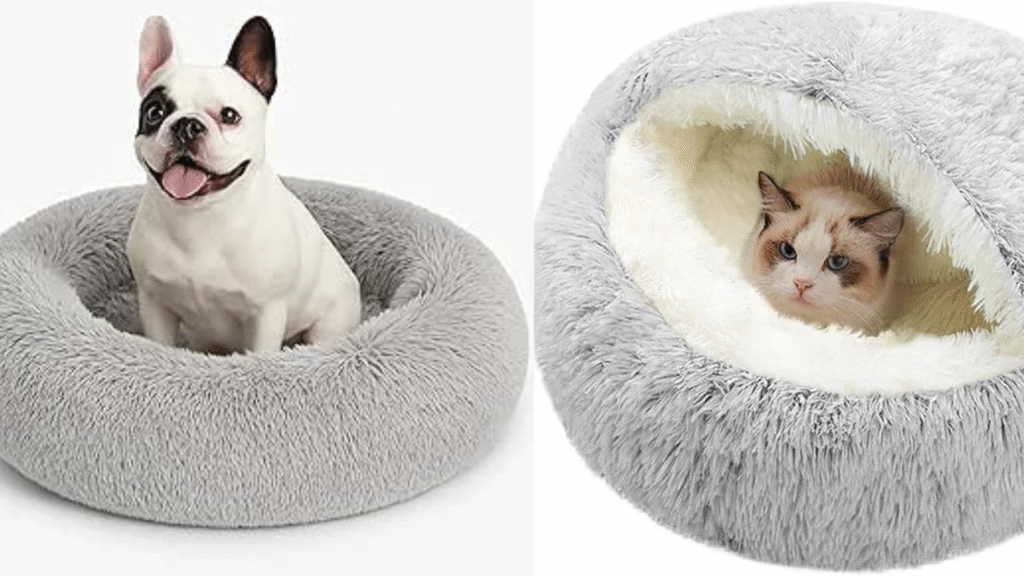 Small dog resting in a soft Squishmallow dog bed